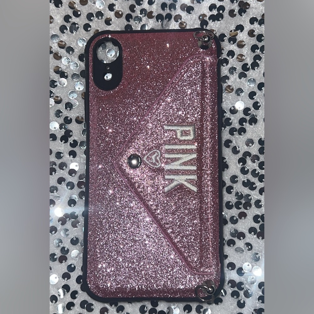 New iPhone XR Pink Glitter Phone Cases.  Envelope opening- card holder
Pink logo